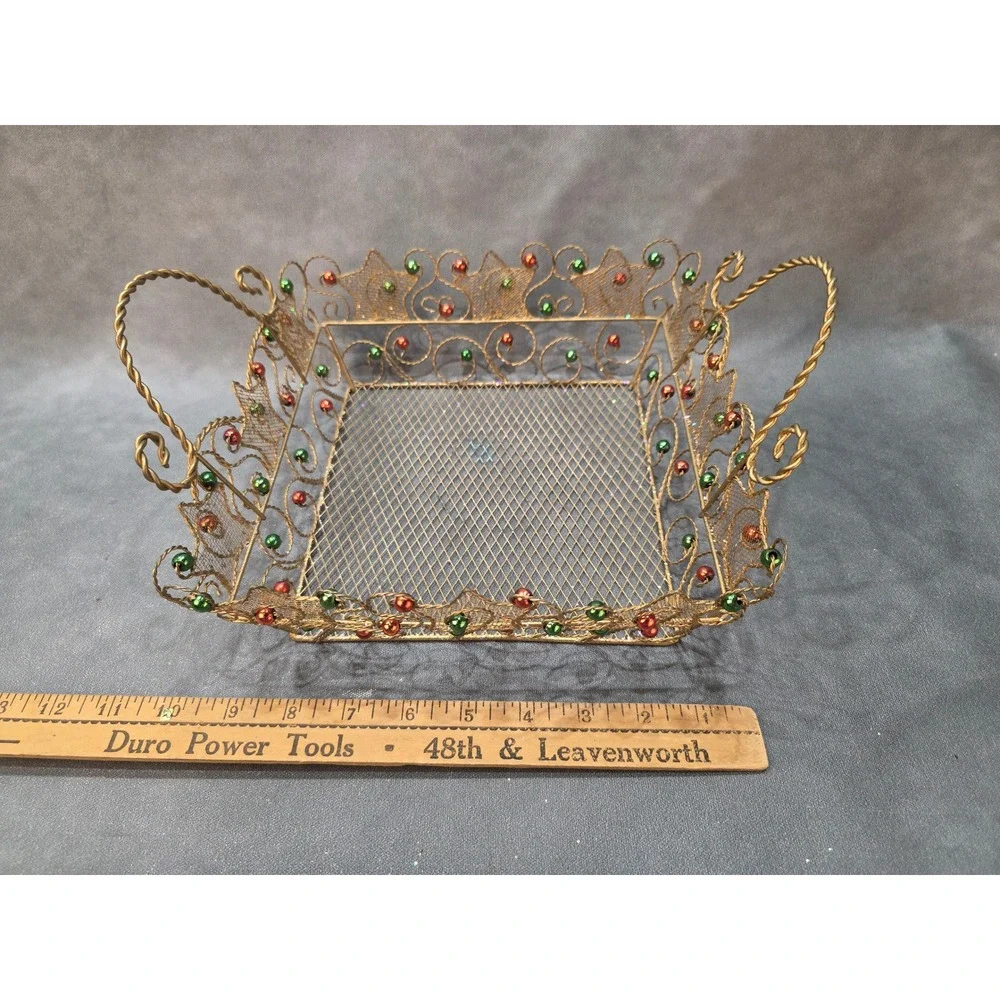 Vintage Gold Wire Mesh Christmas Basket Red Green Beads Holiday Decor